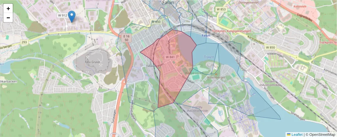 Karta över postnummerområdet  och angränsande postnummer i Sverige