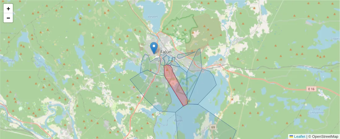 Karta över postnummerområdet  och angränsande postnummer i Sverige