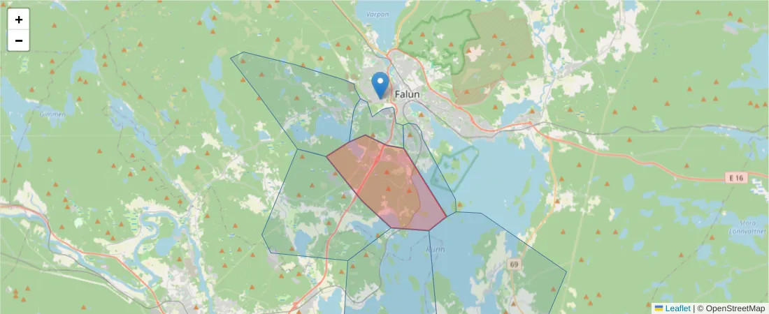 Karta över postnummerområdet  och angränsande postnummer i Sverige