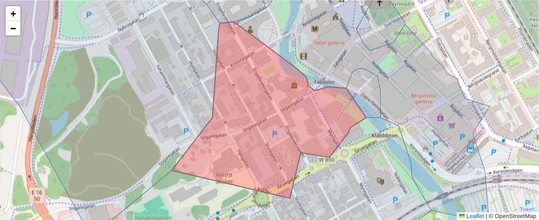 Karta över postnummerområdet  och angränsande postnummer i Sverige