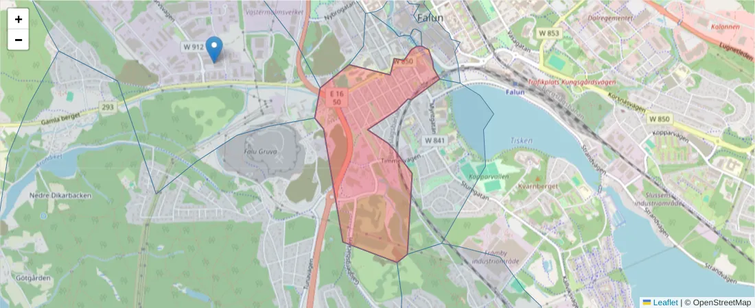 Karta över postnummerområdet  och angränsande postnummer i Sverige