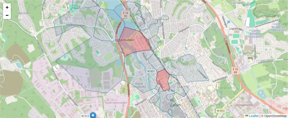 Karta över postnummerområdet  och angränsande postnummer i Sverige