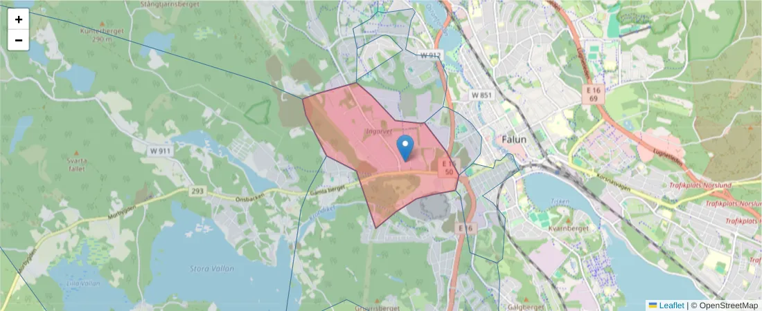 Karta över postnummerområdet  och angränsande postnummer i Sverige