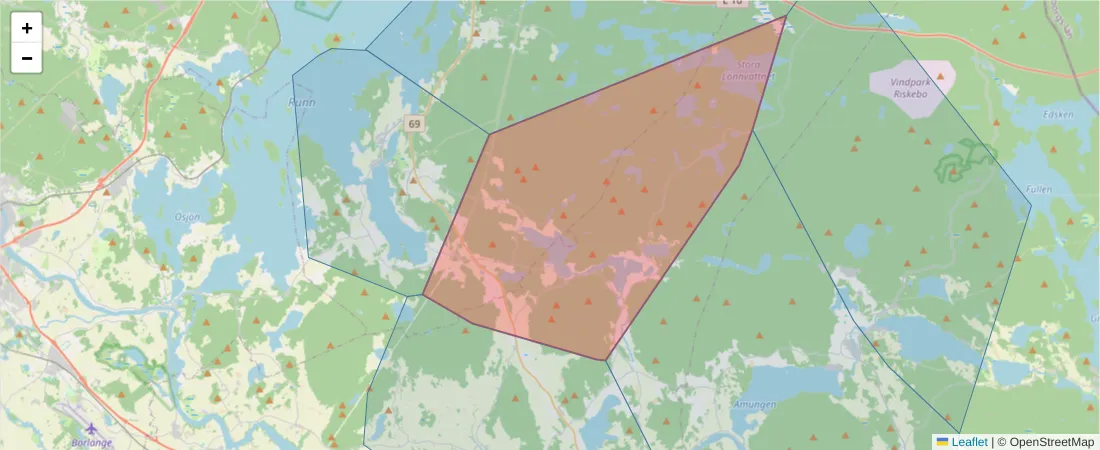 Karta över postnummerområdet  och angränsande postnummer i Sverige