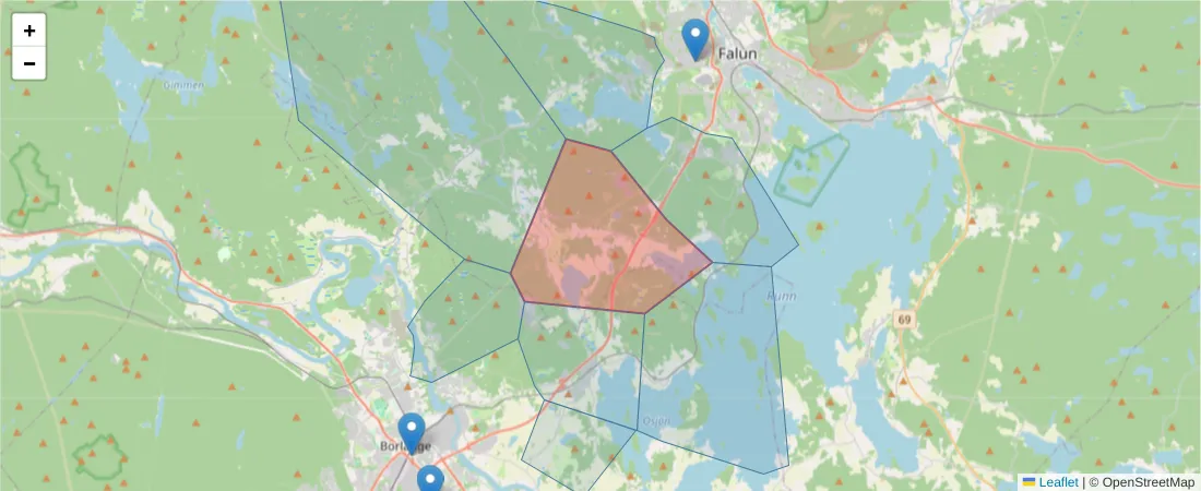 Karta över postnummerområdet  och angränsande postnummer i Sverige