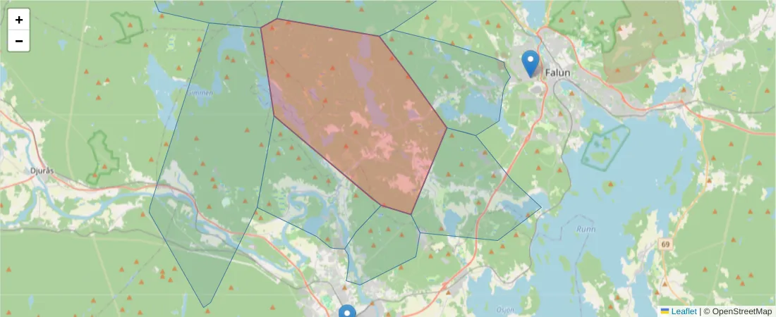 Karta över postnummerområdet  och angränsande postnummer i Sverige