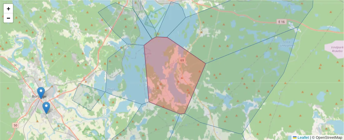Karta över postnummerområdet  och angränsande postnummer i Sverige