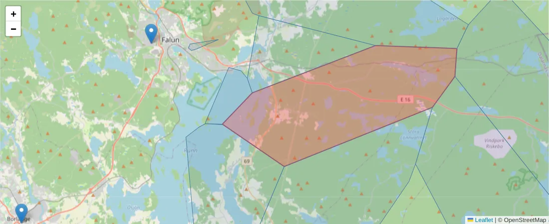 Karta över postnummerområdet  och angränsande postnummer i Sverige