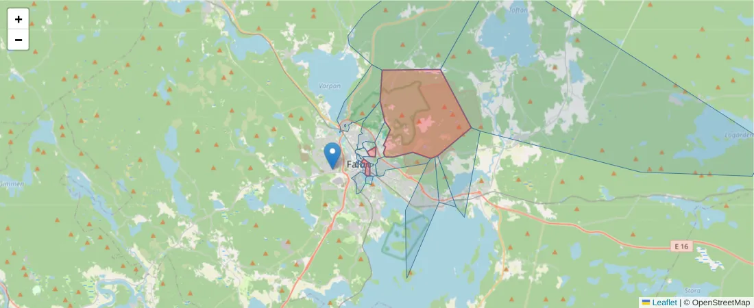 Karta över postnummerområdet  och angränsande postnummer i Sverige