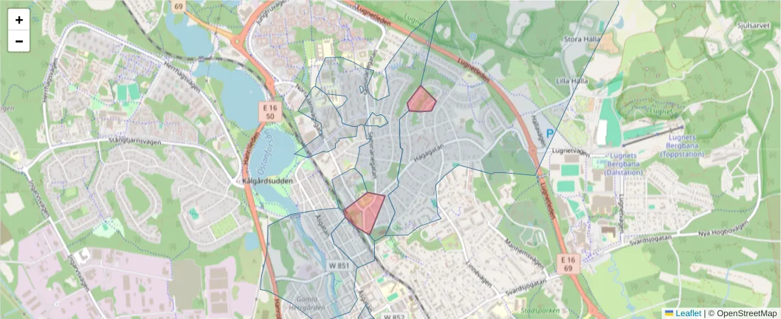Karta över postnummerområdet  och angränsande postnummer i Sverige