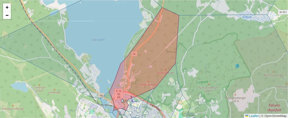 Karta över postnummerområdet  och angränsande postnummer i Sverige