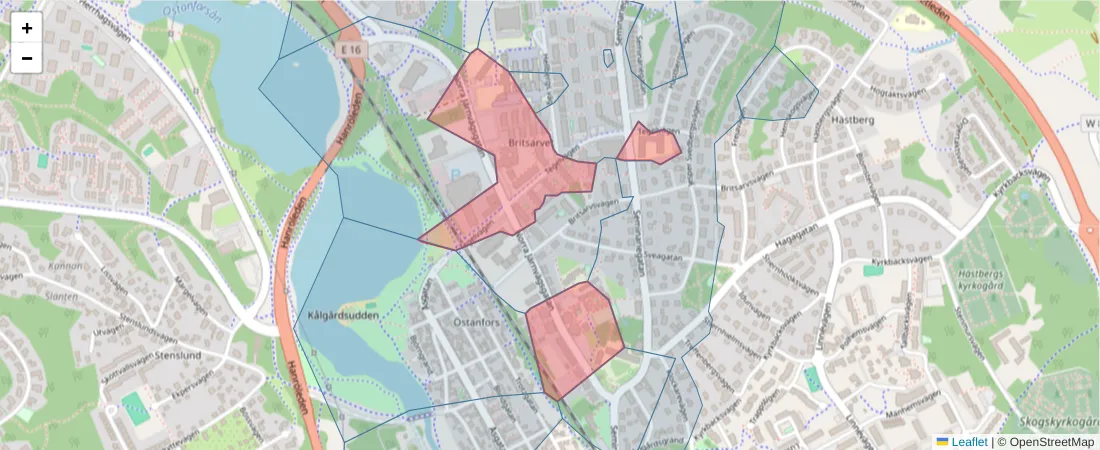 Karta över postnummerområdet  och angränsande postnummer i Sverige