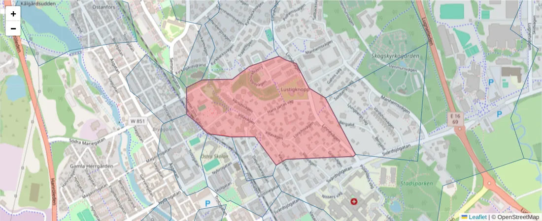 Karta över postnummerområdet  och angränsande postnummer i Sverige