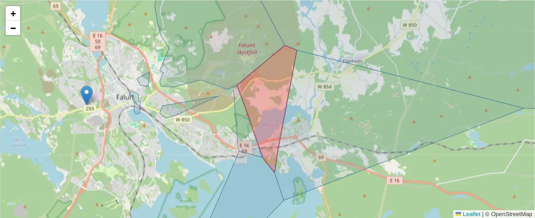 Karta över postnummerområdet  och angränsande postnummer i Sverige