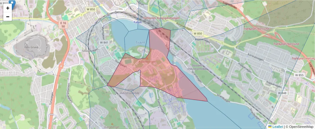 Karta över postnummerområdet  och angränsande postnummer i Sverige
