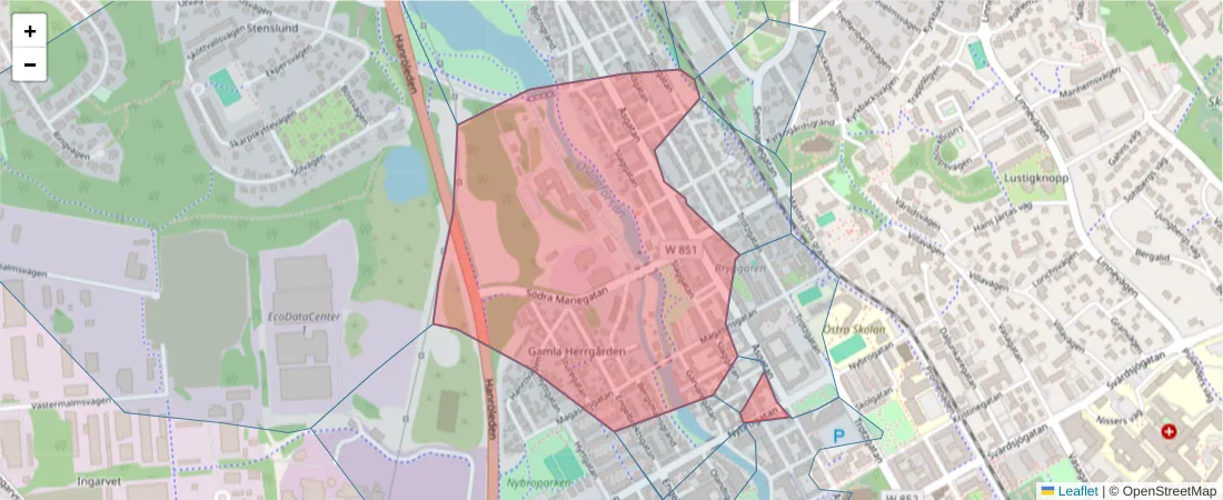 Karta över postnummerområdet  och angränsande postnummer i Sverige