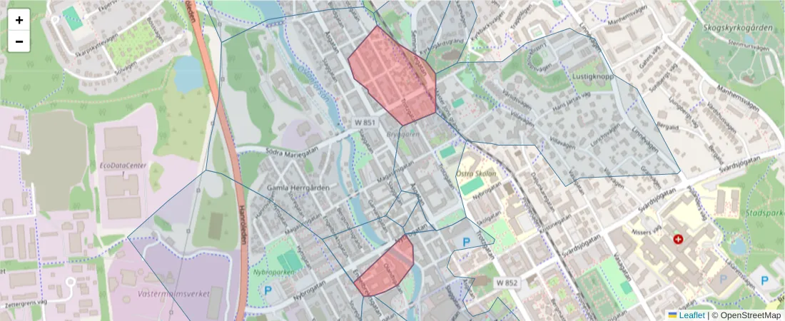 Karta över postnummerområdet  och angränsande postnummer i Sverige