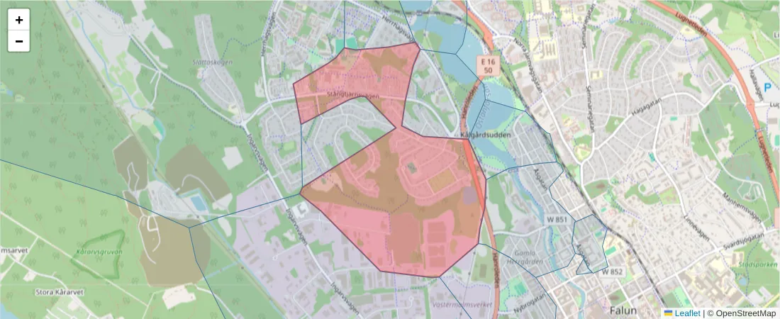 Karta över postnummerområdet  och angränsande postnummer i Sverige