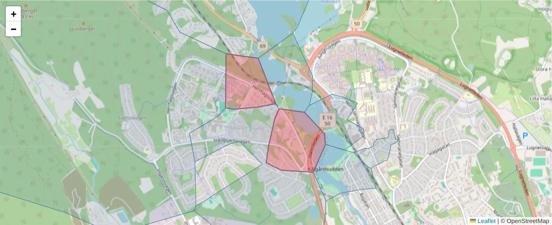 Karta över postnummerområdet  och angränsande postnummer i Sverige