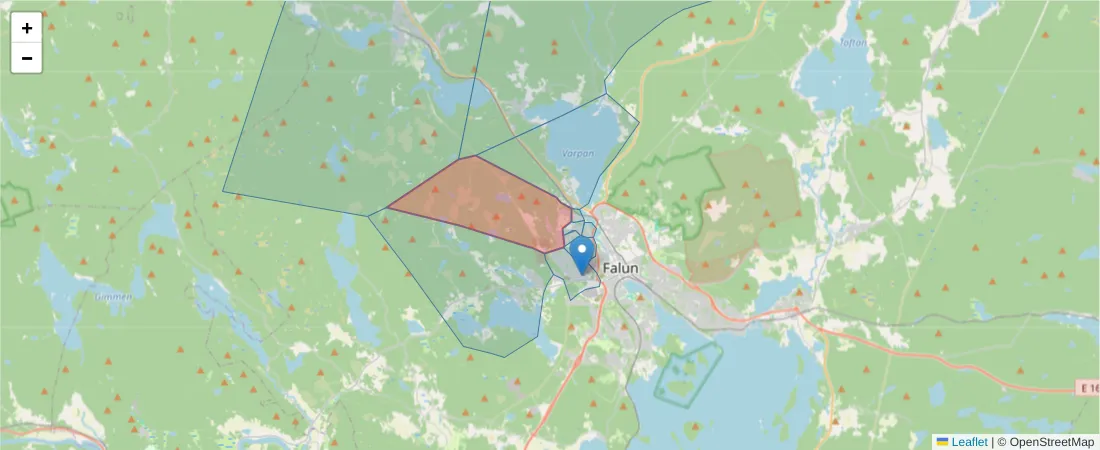 Karta över postnummerområdet  och angränsande postnummer i Sverige