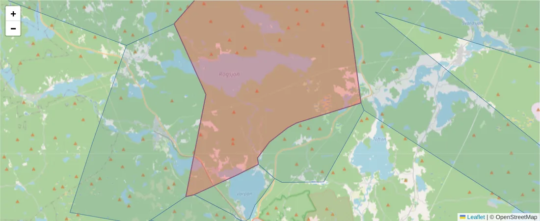 Karta över postnummerområdet  och angränsande postnummer i Sverige