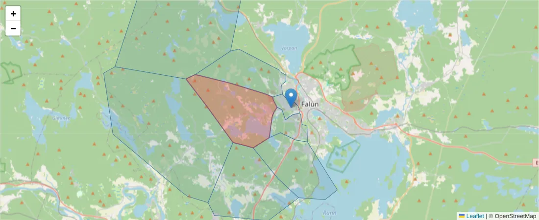 Karta över postnummerområdet  och angränsande postnummer i Sverige