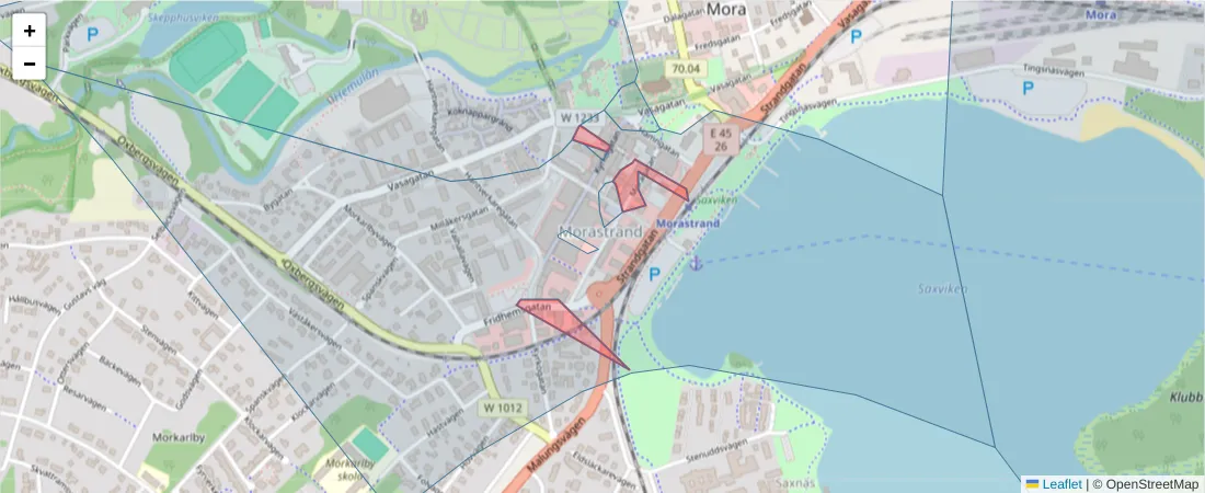 Karta över postnummerområdet  och angränsande postnummer i Sverige