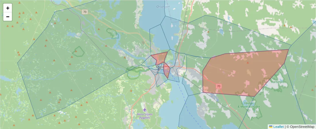 Karta över postnummerområdet  och angränsande postnummer i Sverige
