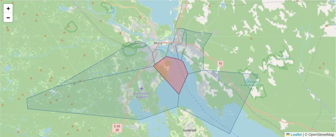 Karta över postnummerområdet  och angränsande postnummer i Sverige