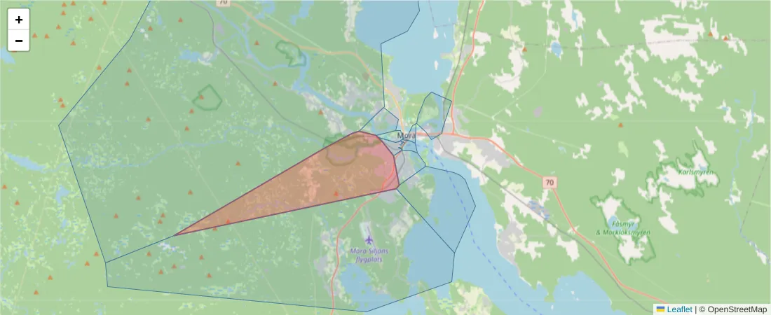 Karta över postnummerområdet  och angränsande postnummer i Sverige