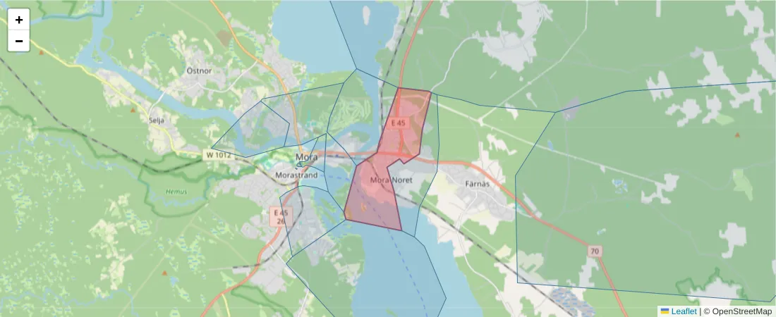 Karta över postnummerområdet  och angränsande postnummer i Sverige