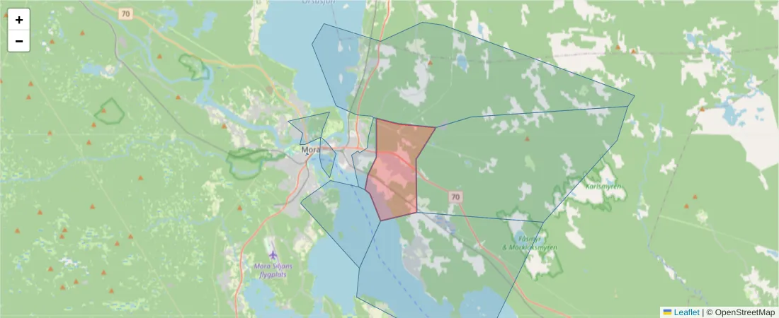 Karta över postnummerområdet  och angränsande postnummer i Sverige