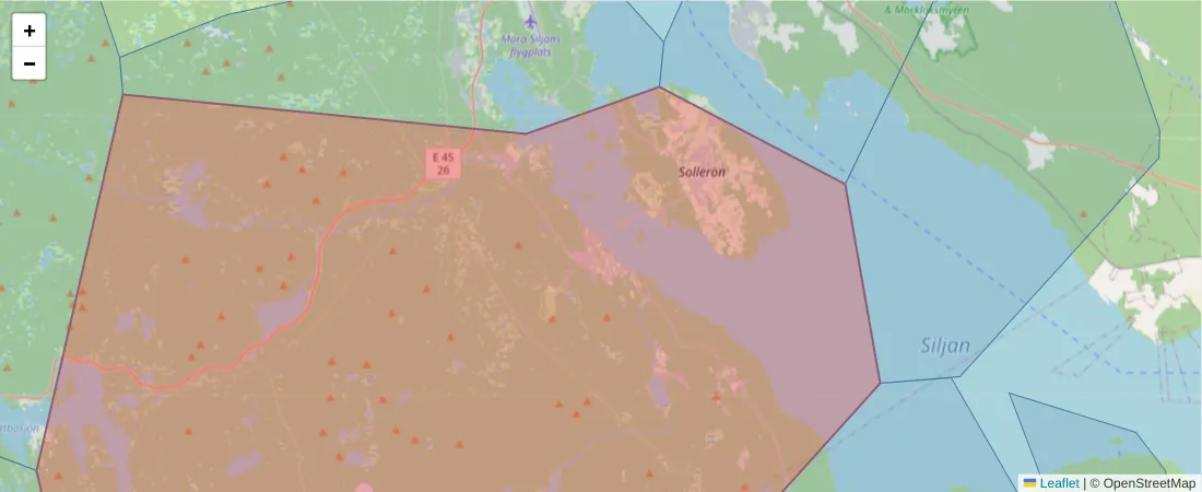 Karta över postnummerområdet  och angränsande postnummer i Sverige