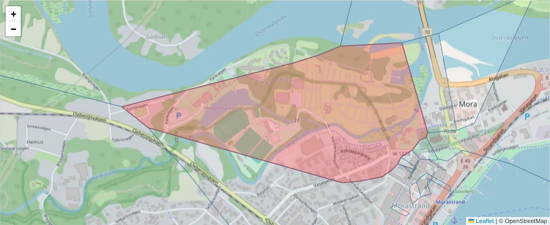 Karta över postnummerområdet  och angränsande postnummer i Sverige