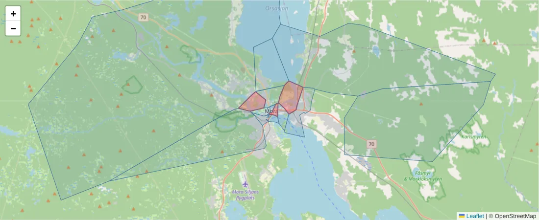 Karta över postnummerområdet  och angränsande postnummer i Sverige