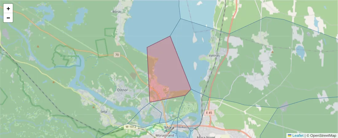 Karta över postnummerområdet  och angränsande postnummer i Sverige
