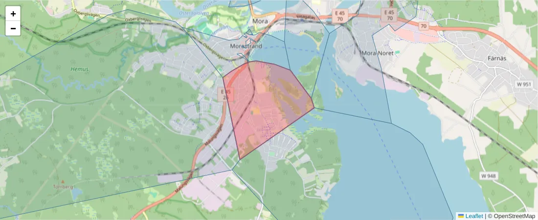 Karta över postnummerområdet  och angränsande postnummer i Sverige