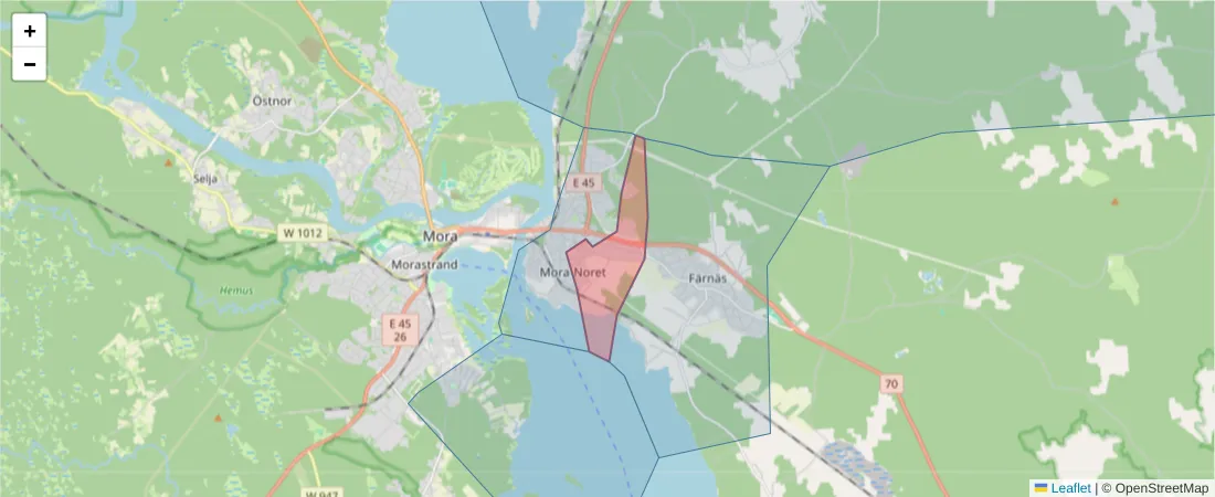 Karta över postnummerområdet  och angränsande postnummer i Sverige