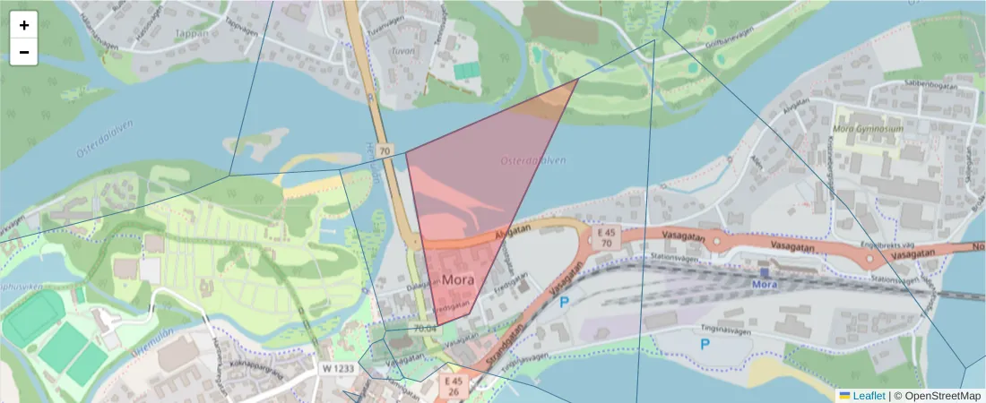 Karta över postnummerområdet  och angränsande postnummer i Sverige