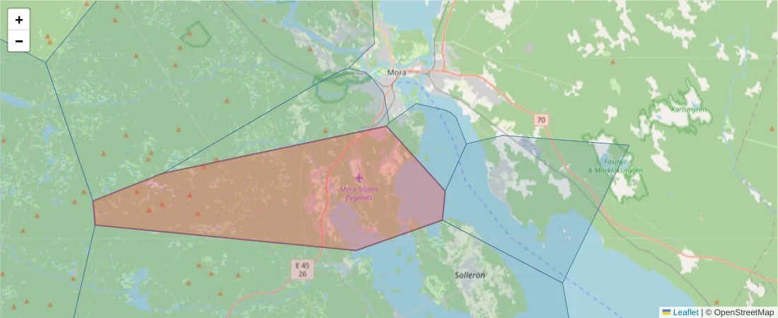 Karta över postnummerområdet  och angränsande postnummer i Sverige
