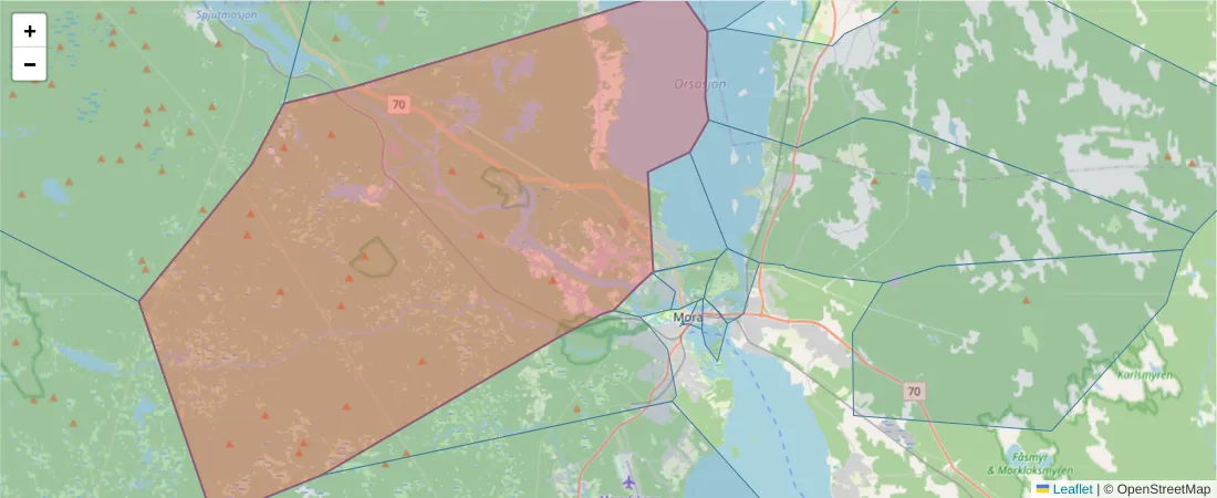 Karta över postnummerområdet  och angränsande postnummer i Sverige