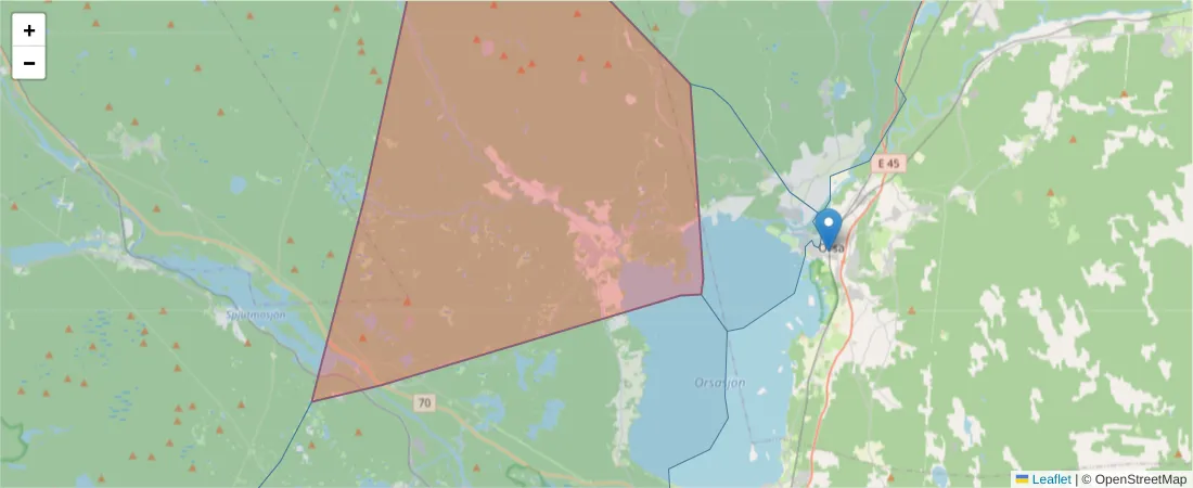 Karta över postnummerområdet  och angränsande postnummer i Sverige