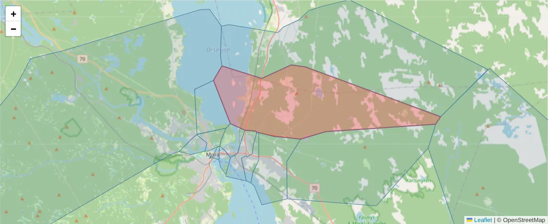Karta över postnummerområdet  och angränsande postnummer i Sverige