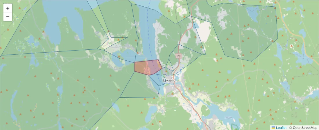 Karta över postnummerområdet  och angränsande postnummer i Sverige