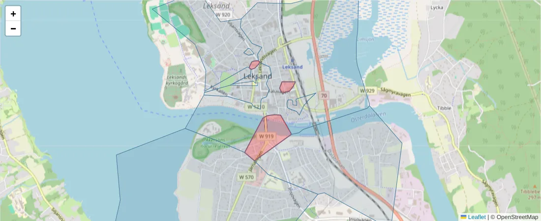 Karta över postnummerområdet  och angränsande postnummer i Sverige