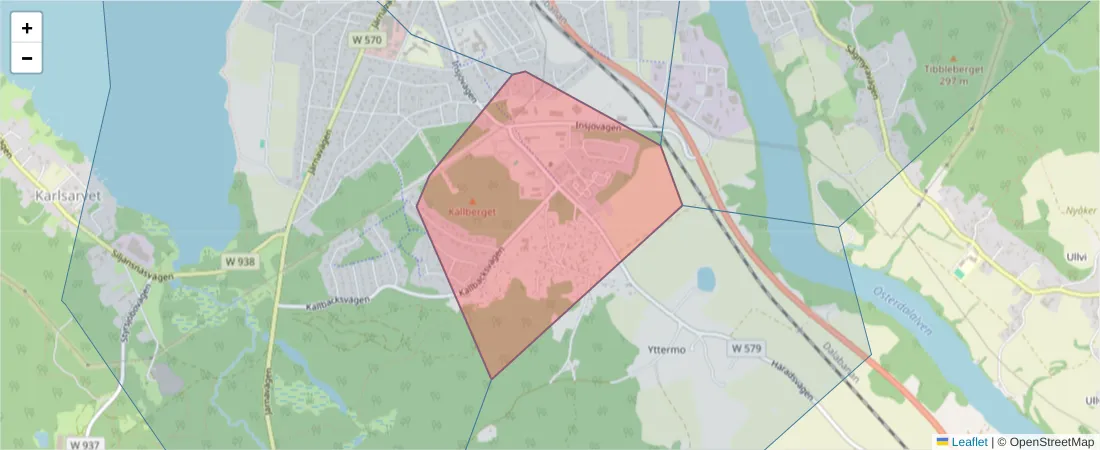 Karta över postnummerområdet  och angränsande postnummer i Sverige