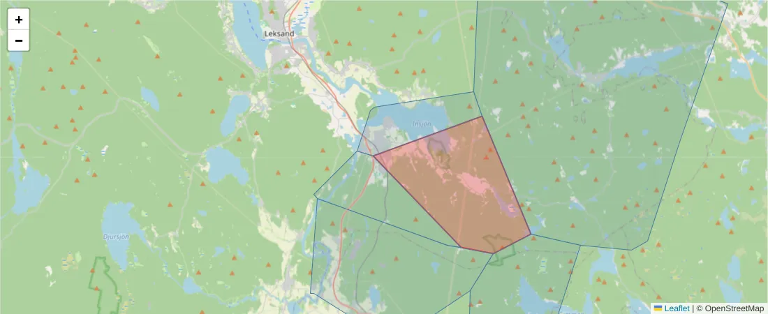 Karta över postnummerområdet  och angränsande postnummer i Sverige