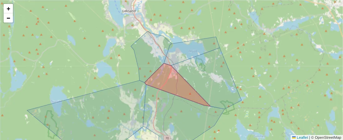 Karta över postnummerområdet  och angränsande postnummer i Sverige