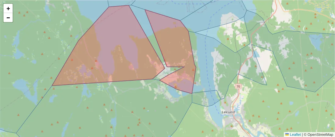 Karta över postnummerområdet  och angränsande postnummer i Sverige