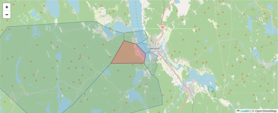 Karta över postnummerområdet  och angränsande postnummer i Sverige